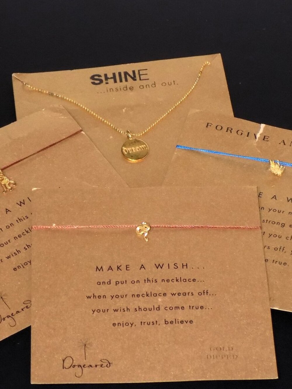 4 New Dogeared Gold-Dipped Make A Wish & 925 Dream Charm Necklaces